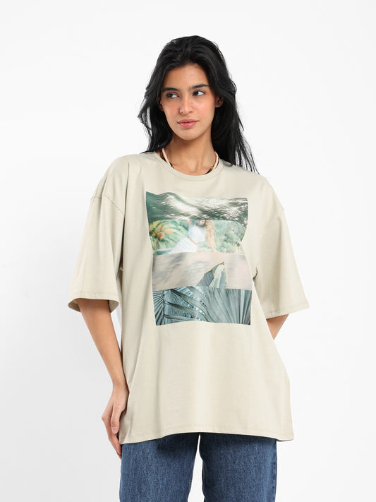 Oversized Leaves Digital Print T-Shirt