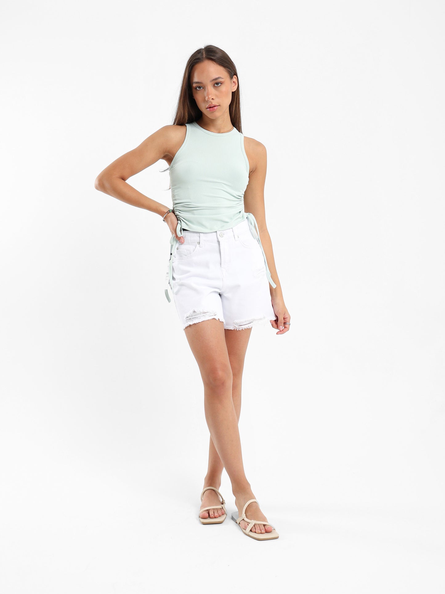 Sleeveless Ribbed Top with Drawstring
