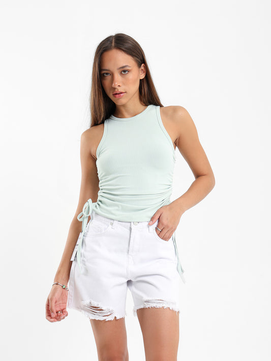 Sleeveless Ribbed Top with Drawstring