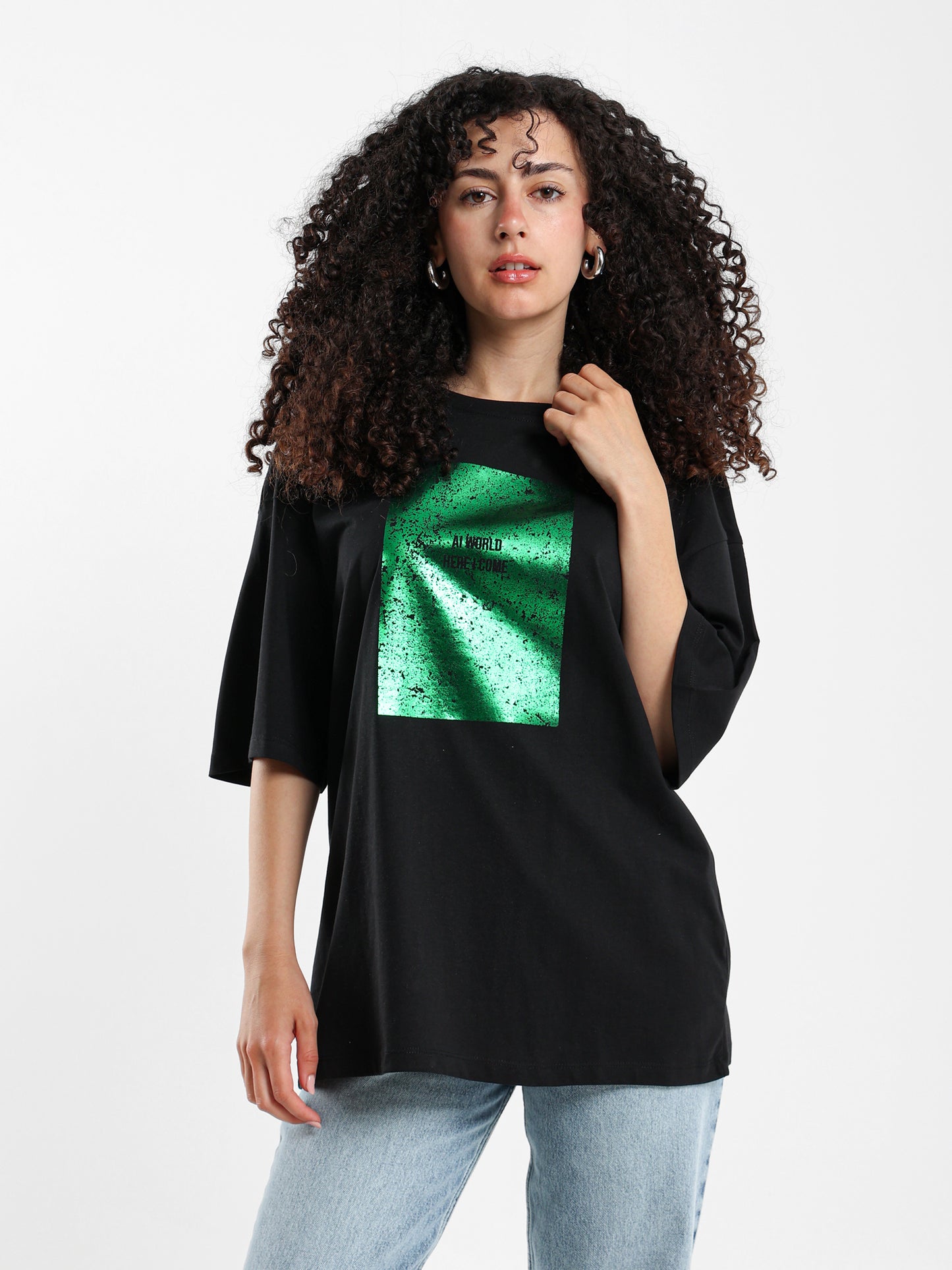 Oversized Green Foil Print T-Shirt
