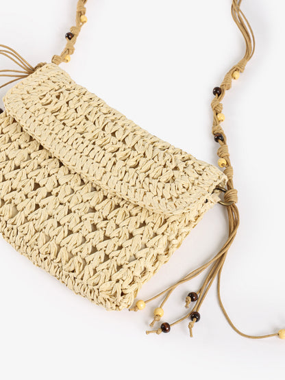 Beaded Macrame Straw Crossbody Bag