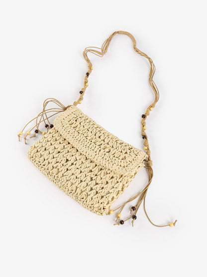 Beaded Macrame Straw Crossbody Bag