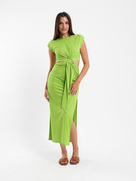 Padded Shoulder Maxi Dress with Side Slit - Outlet