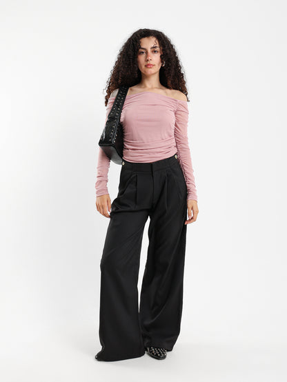 Off-Shoulder Long Sleeve Mesh Top
