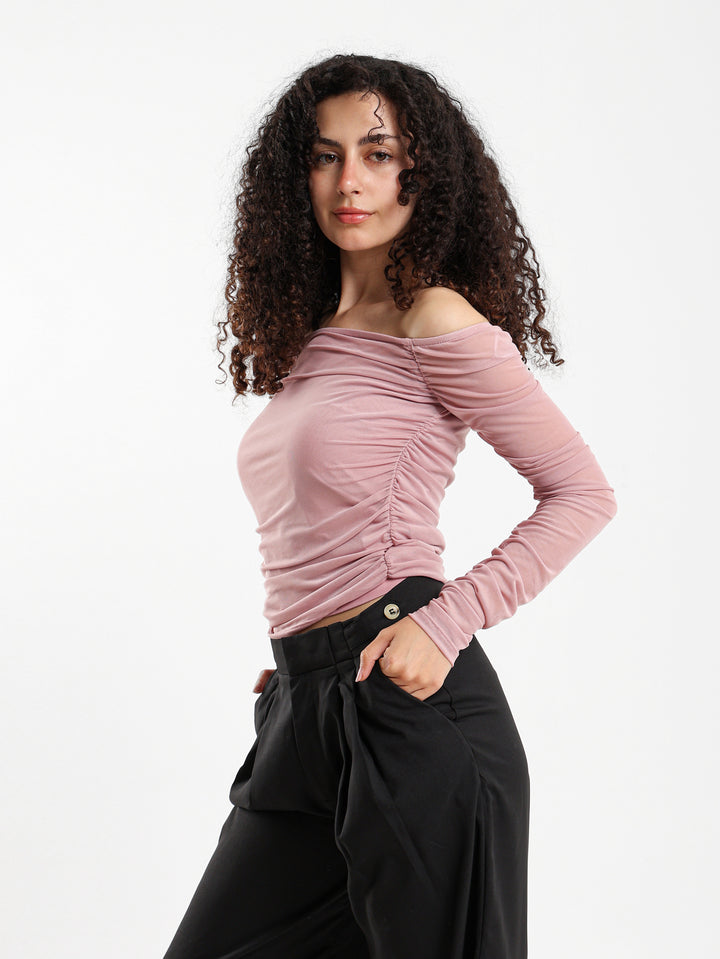 Off-Shoulder Long Sleeve Mesh Top