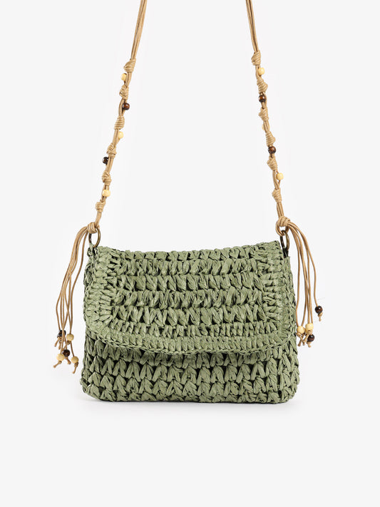 Beaded Macrame Straw Crossbody Bag