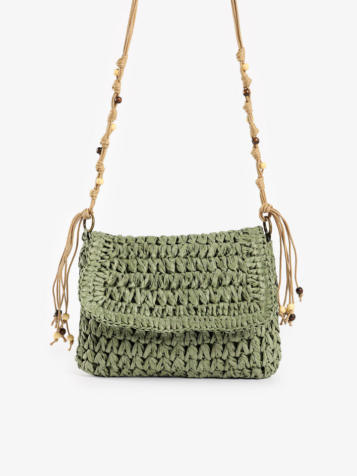 Beaded Macrame Straw Crossbody Bag