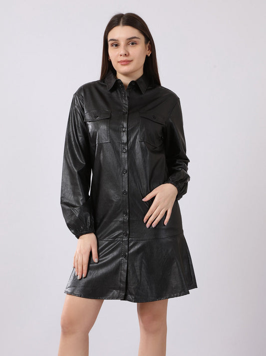 Dress - Leather - Mini Length - Ruffle Hem