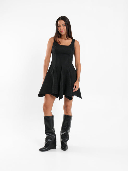 Pinstripe Asymmetric Hem Mini Dress